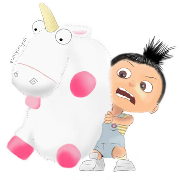 Agnes from Despicable Me holding a stuffed unicorn toy